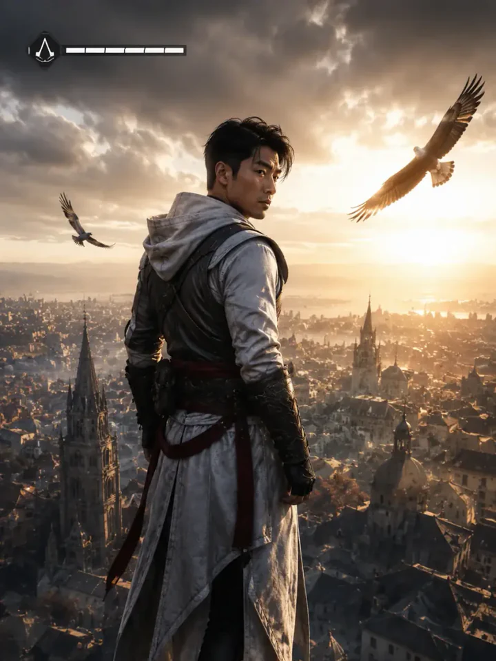 Нейрофотосессия в стиле «Assassin's Creed: Прыжок веры»: Капюшон ассасина, шпиль собора, рассвет