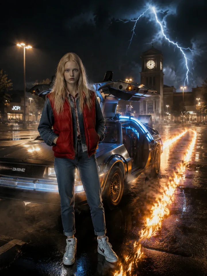 Нейрофотосессия в стиле «Назад в будущее»: DeLorean, огненный след, гроза над парковкой