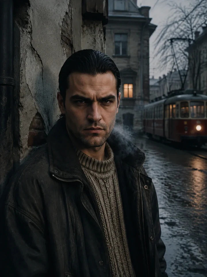 Нейрофотосессия в стиле «Брат»: Питер 90-х: свитер, серое небо, трамвай
