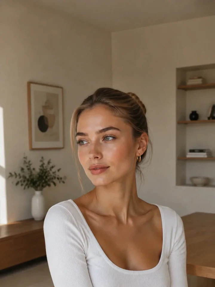 Нейрофотосессия в стиле «Clean Girl»: Гладкий пучок, сияющая кожа, минимум