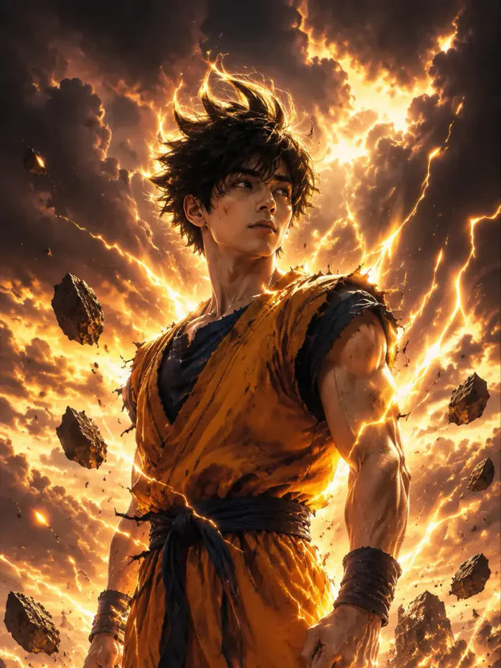 Нейрофотосессия в стиле «Super Saiyan»: Золотая аура, молнии, парящие обломки скал