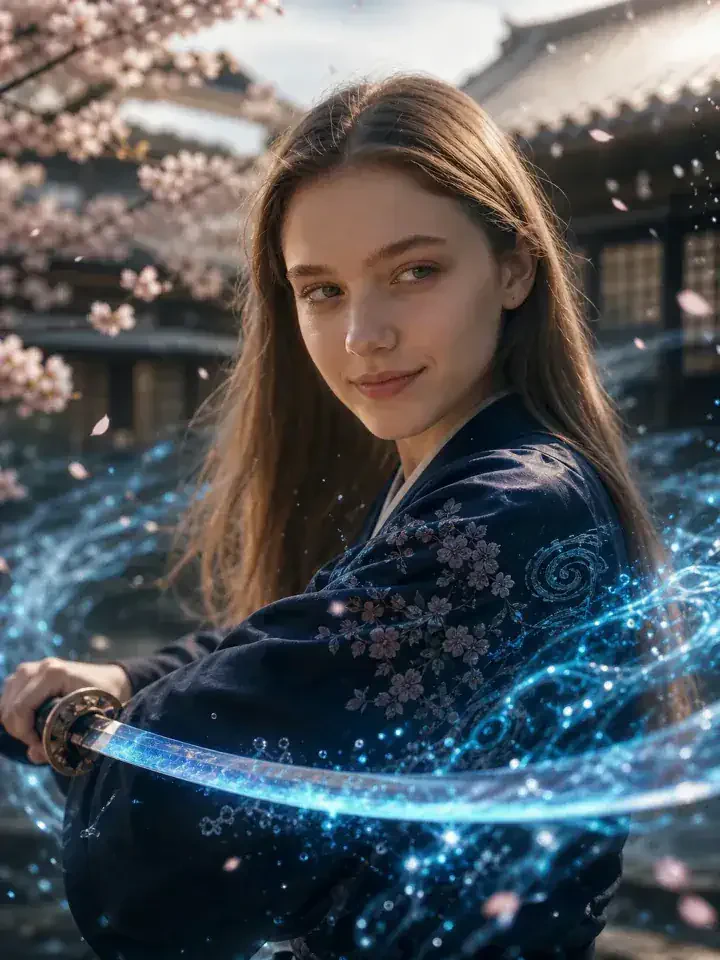 Нейрофотосессия в стиле «Клинок демонов»: Катана, техника дыхания, сакура под луной