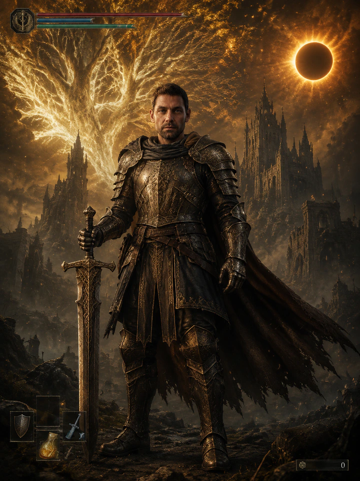 Нейрофотосессия в стиле «Elden Ring: Погасший»: Руины замка, золотое затмение, гигантский меч