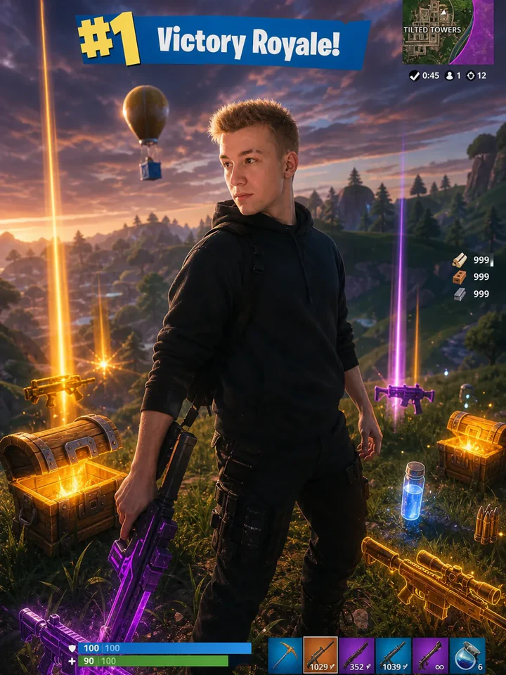 Нейрофотосессия в стиле «Fortnite: Victory Royale»: Победа на холме, легендарный лут, яркие краски