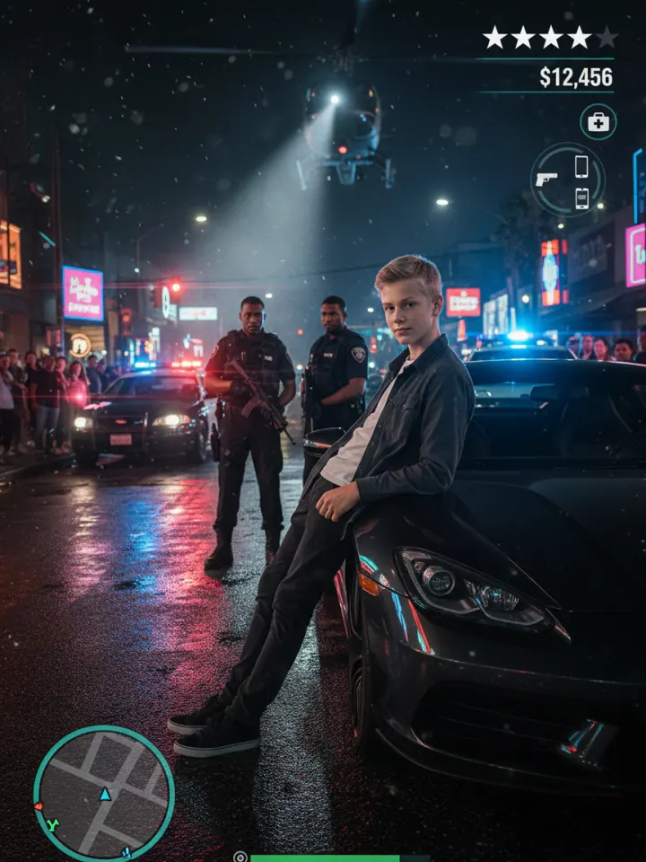 Нейрофотосессия в стиле «GTA VI: Арест»: Неон, мокрый асфальт, пять звёзд розыска