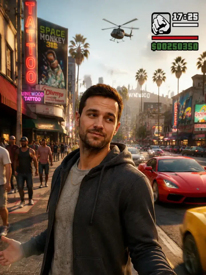 Нейрофотосессия в стиле «GTA NPC»: Растерянный NPC посреди хаоса Лос-Сантоса