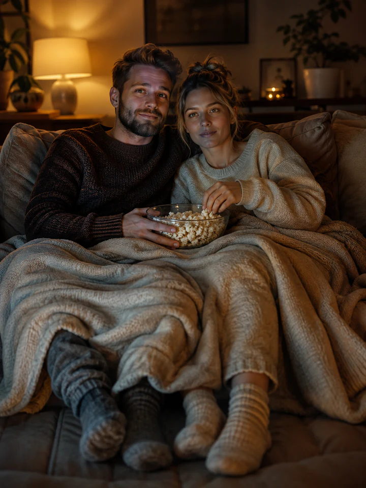 Нейрофотосессия в стиле «Плед и сериал»: Диван, попкорн, тёплый свет торшера