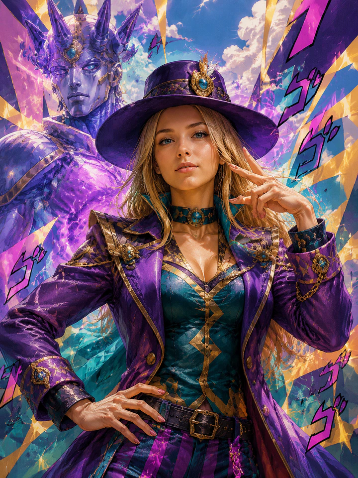 Нейрофотосессия в стиле «JoJo: Стенд за спиной»: Джоджо-поза, кричащие цвета, призрачный Стенд