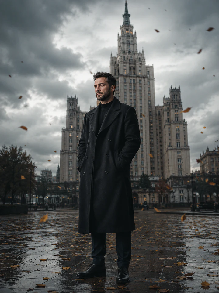 Нейрофотосессия в стиле «Сталинская высотка»: Двор, монументальный фон, задумчивый профиль