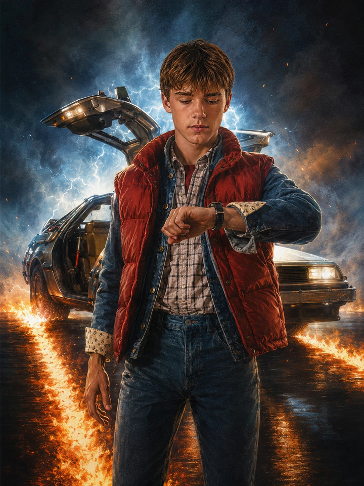 Нейрофотосессия в стиле «Назад в будущее»: Красный жилет, DeLorean, огненные следы