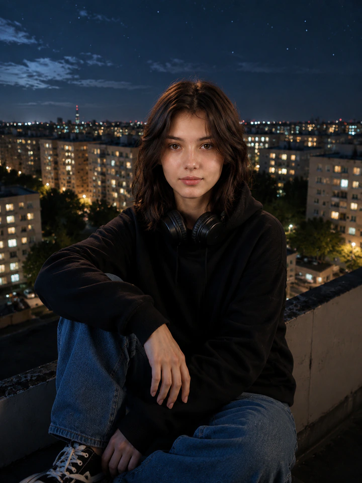 Нейрофотосессия в стиле «Крыша ночью»: Огни спальника, звёзды, худи — вайб