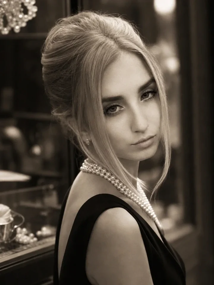 Нейрофотосессия в стиле «Завтрак у Тиффани»: Маленькое чёрное платье, жемчуг, витрина