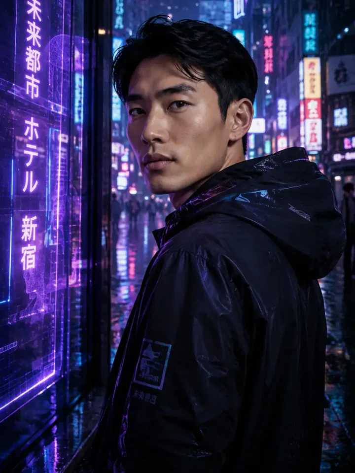 Нейрофотосессия в стиле «Токио 2099»: Футуристический Токио, вывески, дождь