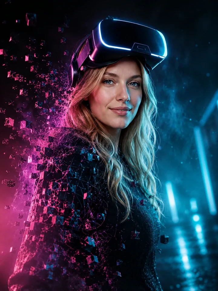 Нейрофотосессия в стиле «Виртуальный аватар»: VR-гарнитура, распад на воксели