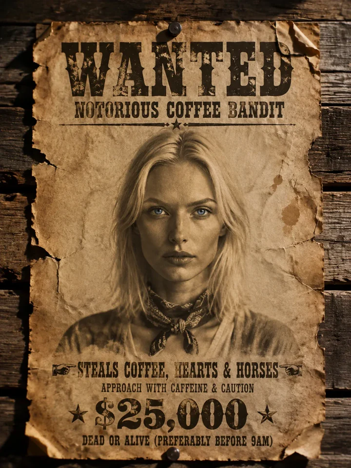 Нейрофотосессия в стиле «Разыскивается»: Плакат «WANTED» на дереве салуна
